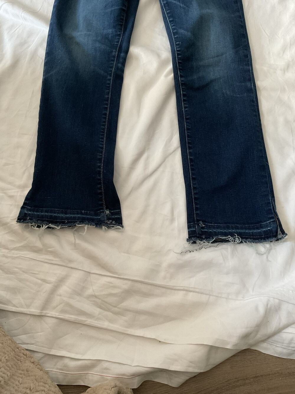 Paige Women's Straight Leg Jeans Frayed Hem Stretch Medium Wash Denim Blue